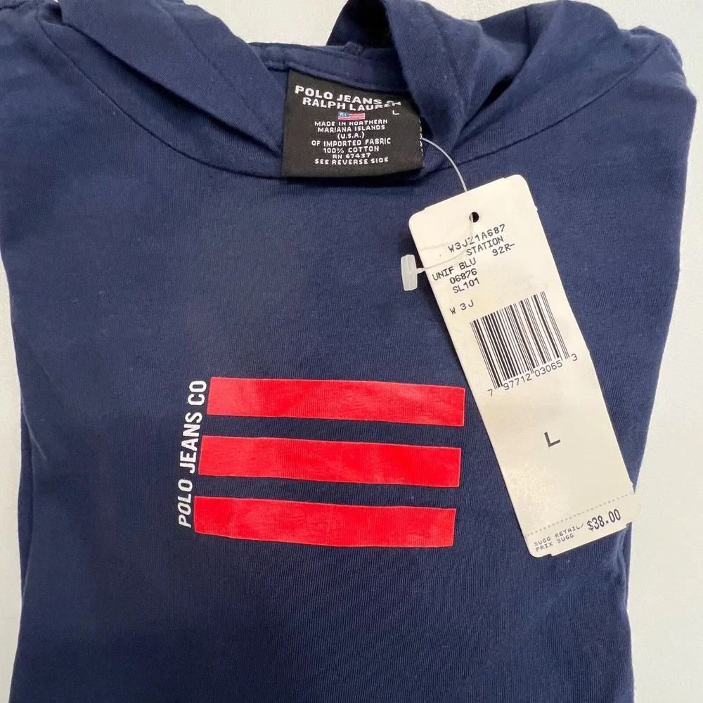 Polo Jeans Company‎ Hooded T-Shirt Short Sleeve Navy Blue Youth Size L VTG NWT